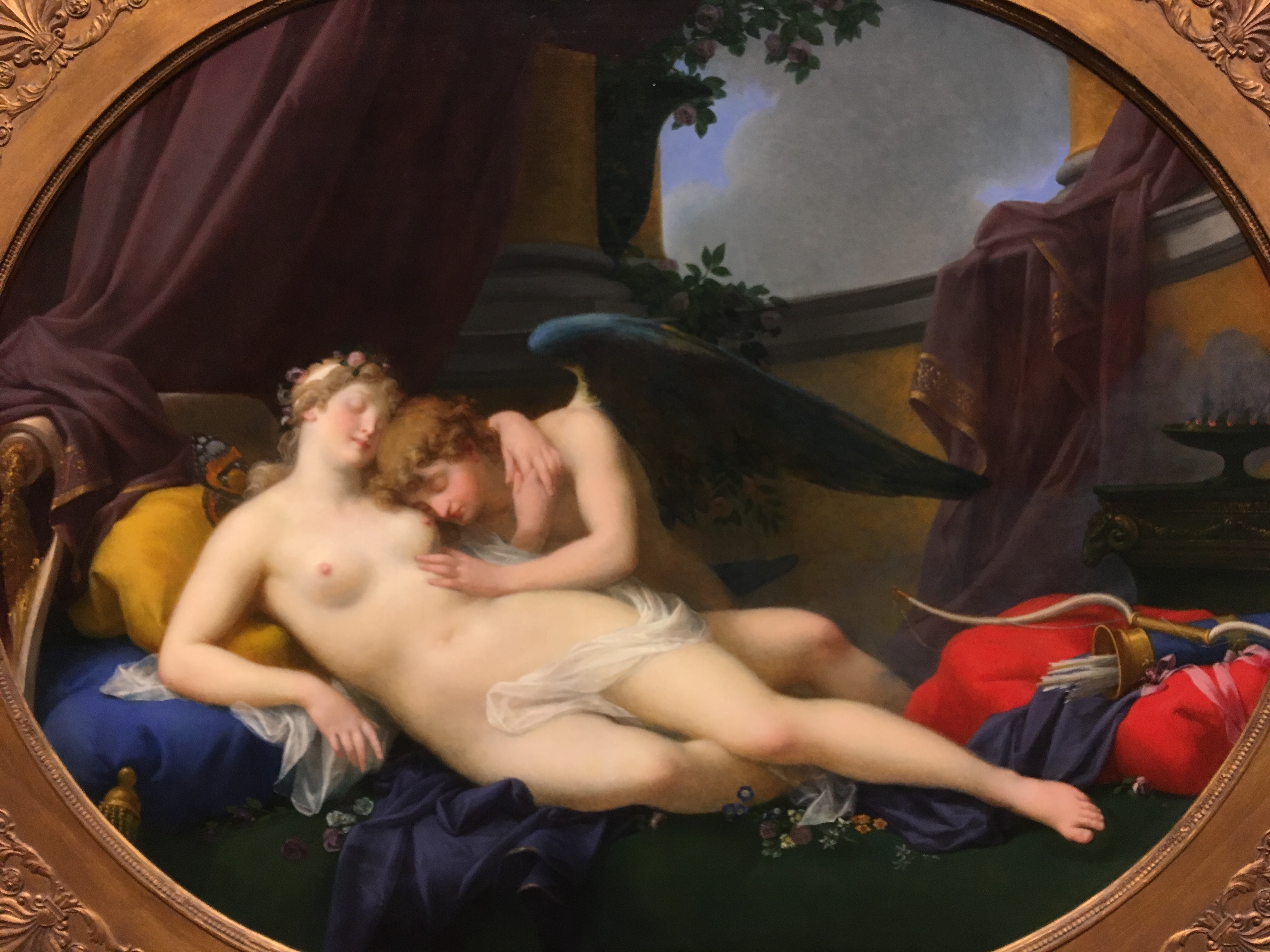 Cupid and Psycke. Note how again how the lighting, the arms, and heads form a circle of focus.  The sky and details of the room support a warmth, a resignation of the feeling the two have toward one another .