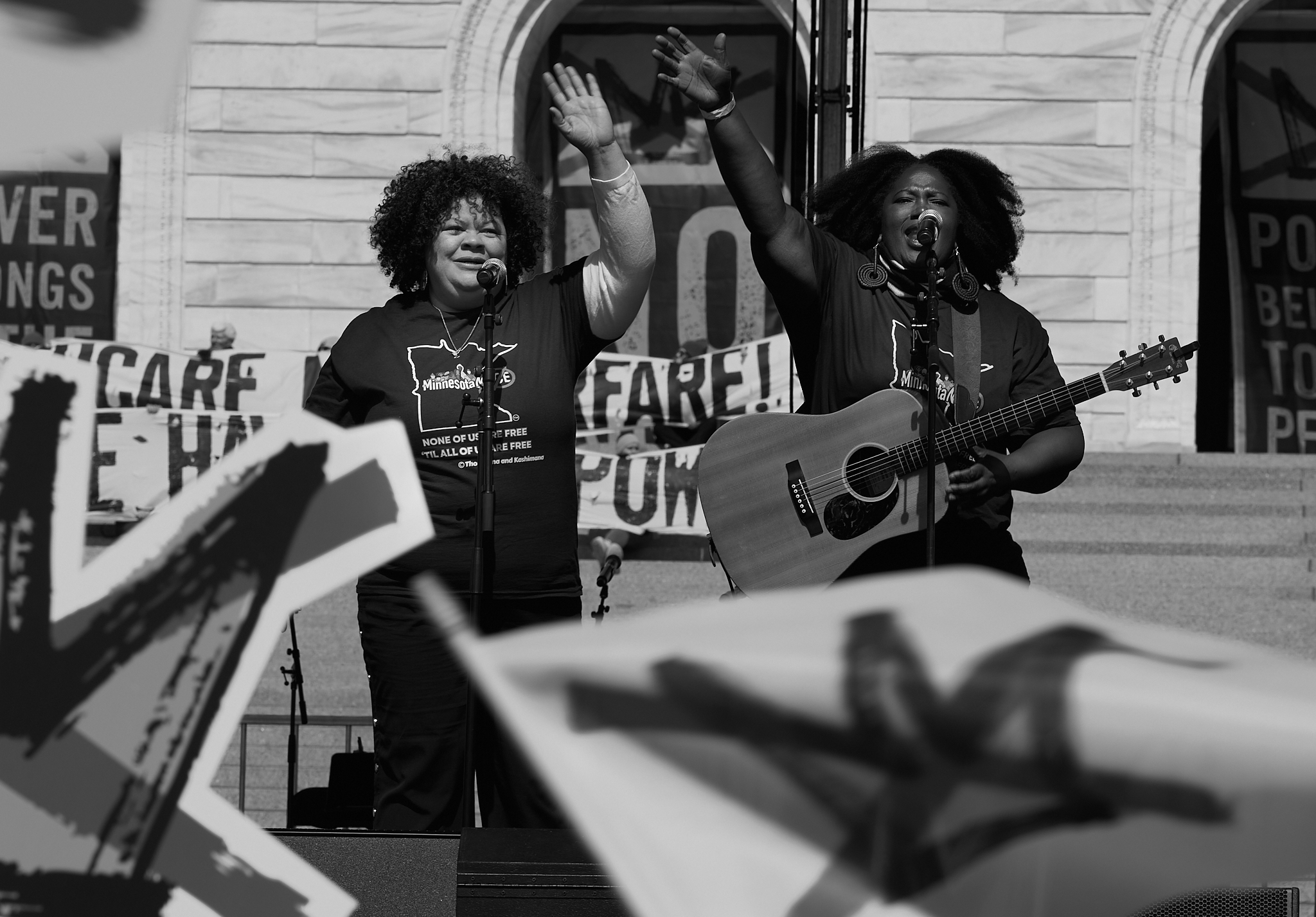 Members of Twin Cities Singing Resistance perform during the “No Kings” rally at the Minnesota State Capitol in Saint Paul, Minnesota on March 28, 2026. 