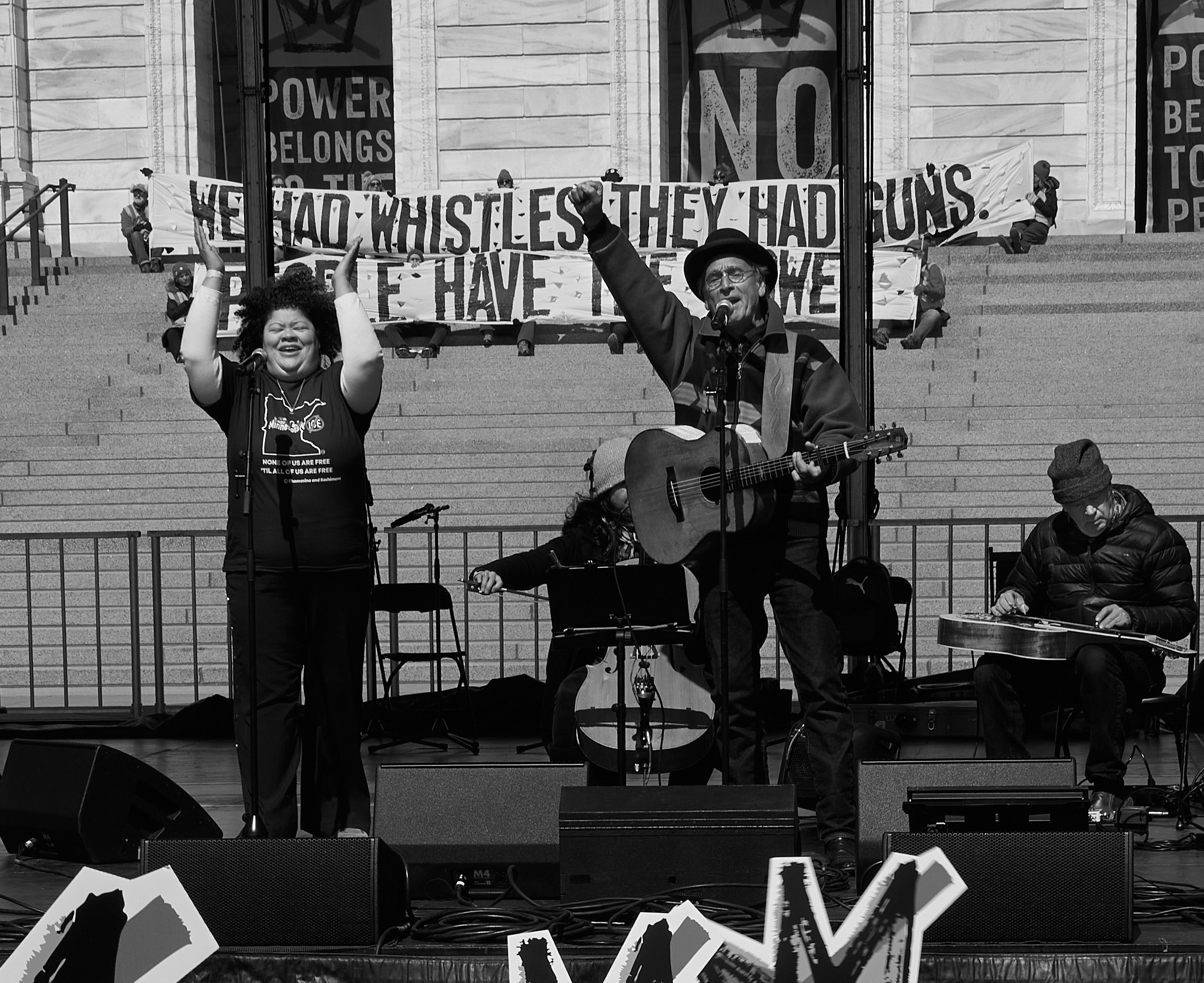 Musicians perform during the “No Kings” rally at the Minnesota State Capitol in Saint Paul, Minnesota on March 28, 2026. 