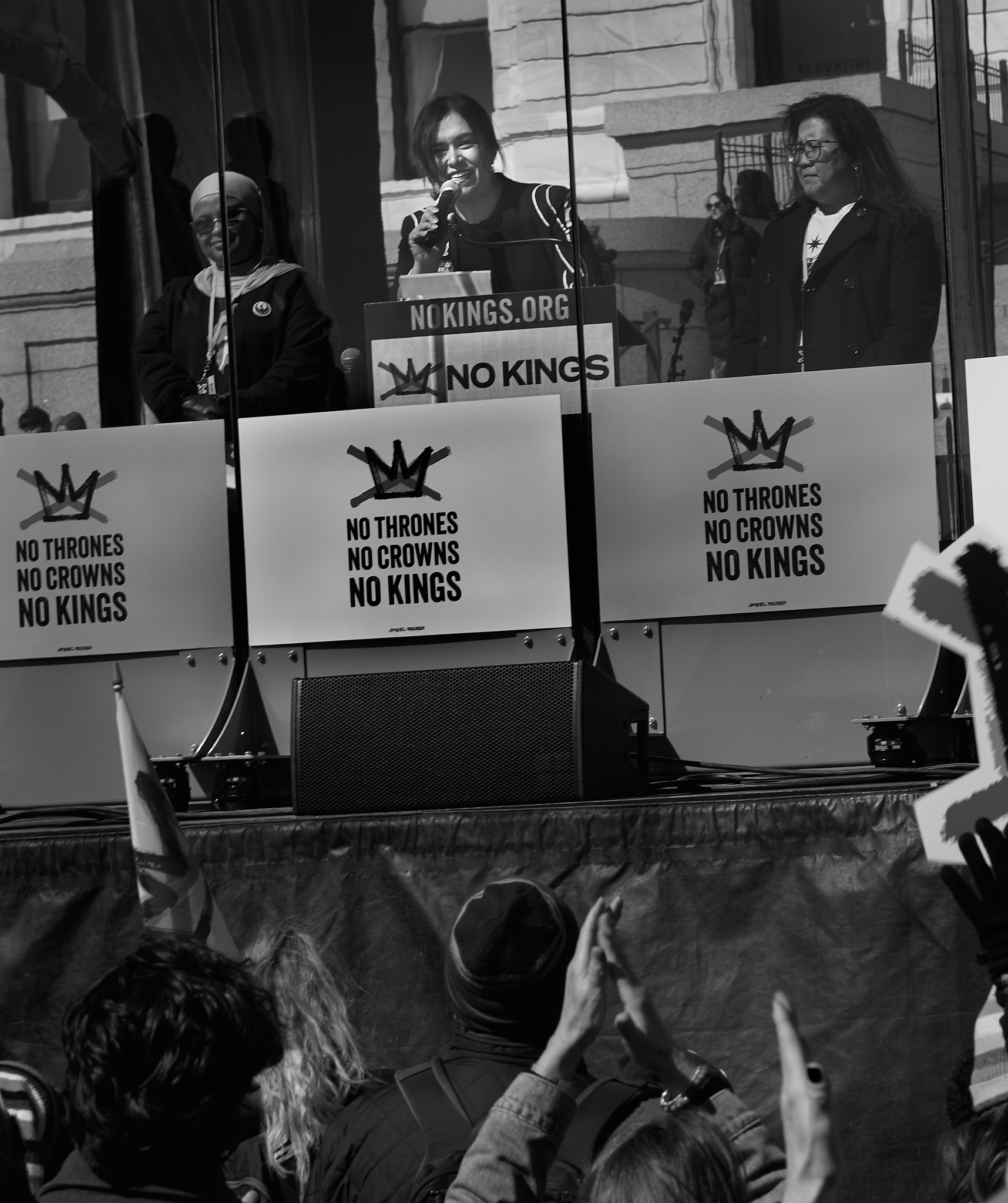 Carolina Ortiz, Associate Executive Director of COPAL and a DREAMer originally from Zacatecas, Mexico, speaks during the “No Kings” rally at the Minnesota State Capitol in Saint Paul, Minnesota on March 28, 2026. Ortiz spoke about her lived experience as an immigrant and her advocacy for marginalized communities through legislative action and grassroots organizing. 