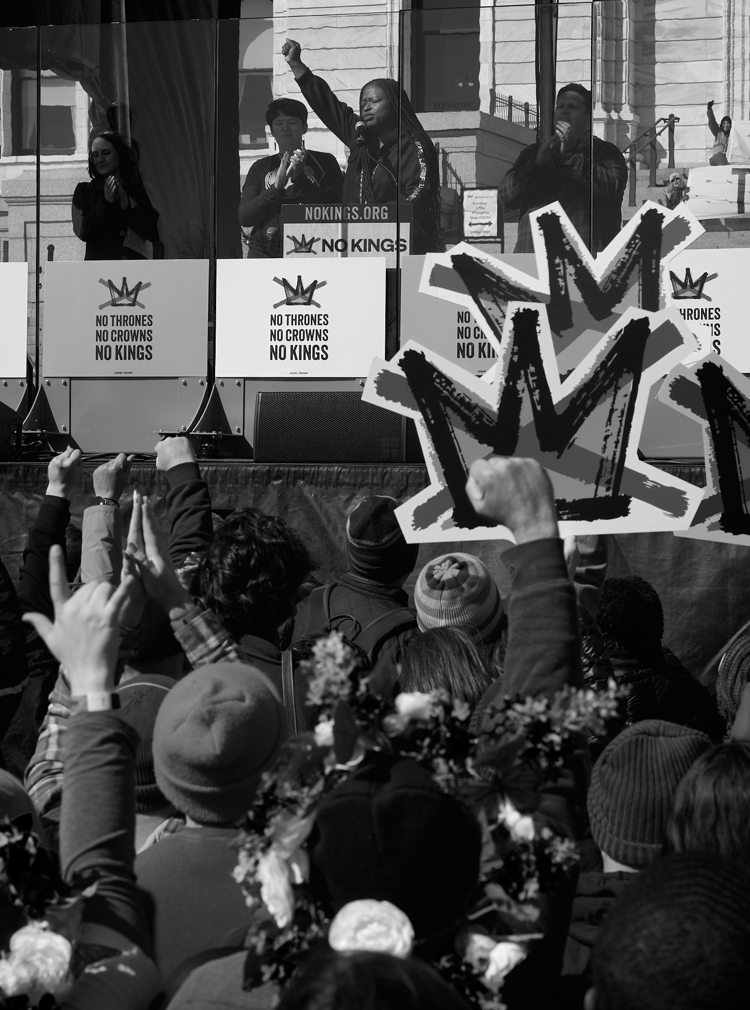 Nekima Levy Armstrong speaks during the “No Kings” rally at the Minnesota State Capitol in Saint Paul, Minnesota on March 28, 2026. Delivering a forceful and impassioned address, Armstrong called for racial justice and accountability, drawing a strong response from the crowd. 