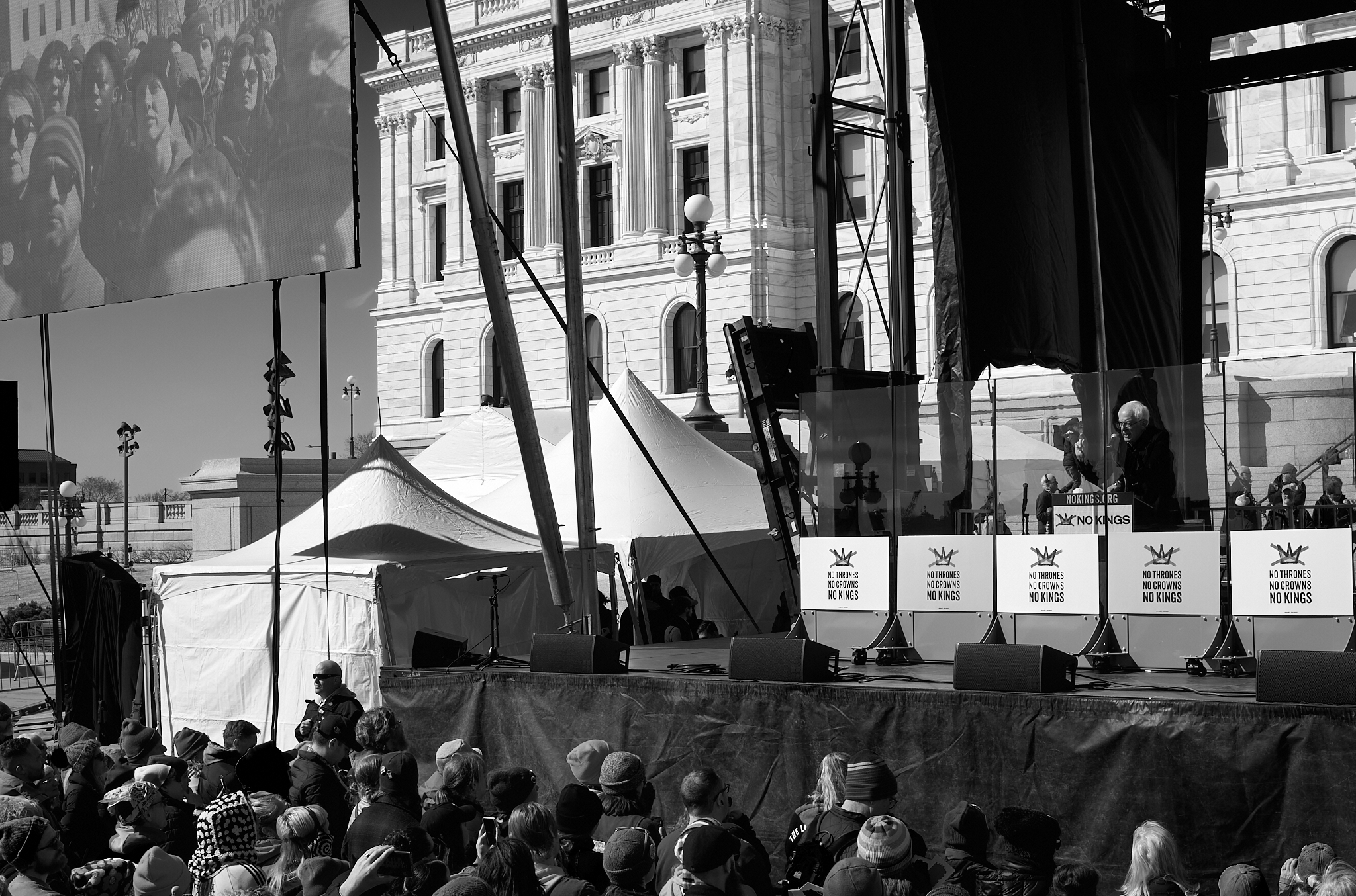 Senator Bernie Sanders speaks during the “No Kings” rally at the Minnesota State Capitol in Saint Paul, Minnesota on March 28, 2026, as more than 100,000 people filled the Capitol Mall and watched on large video monitors across the grounds. The turnout marked one of the largest demonstrations in Minnesota history, part of a nationwide day of protest focused on immigration, labor rights, and democratic protections.
