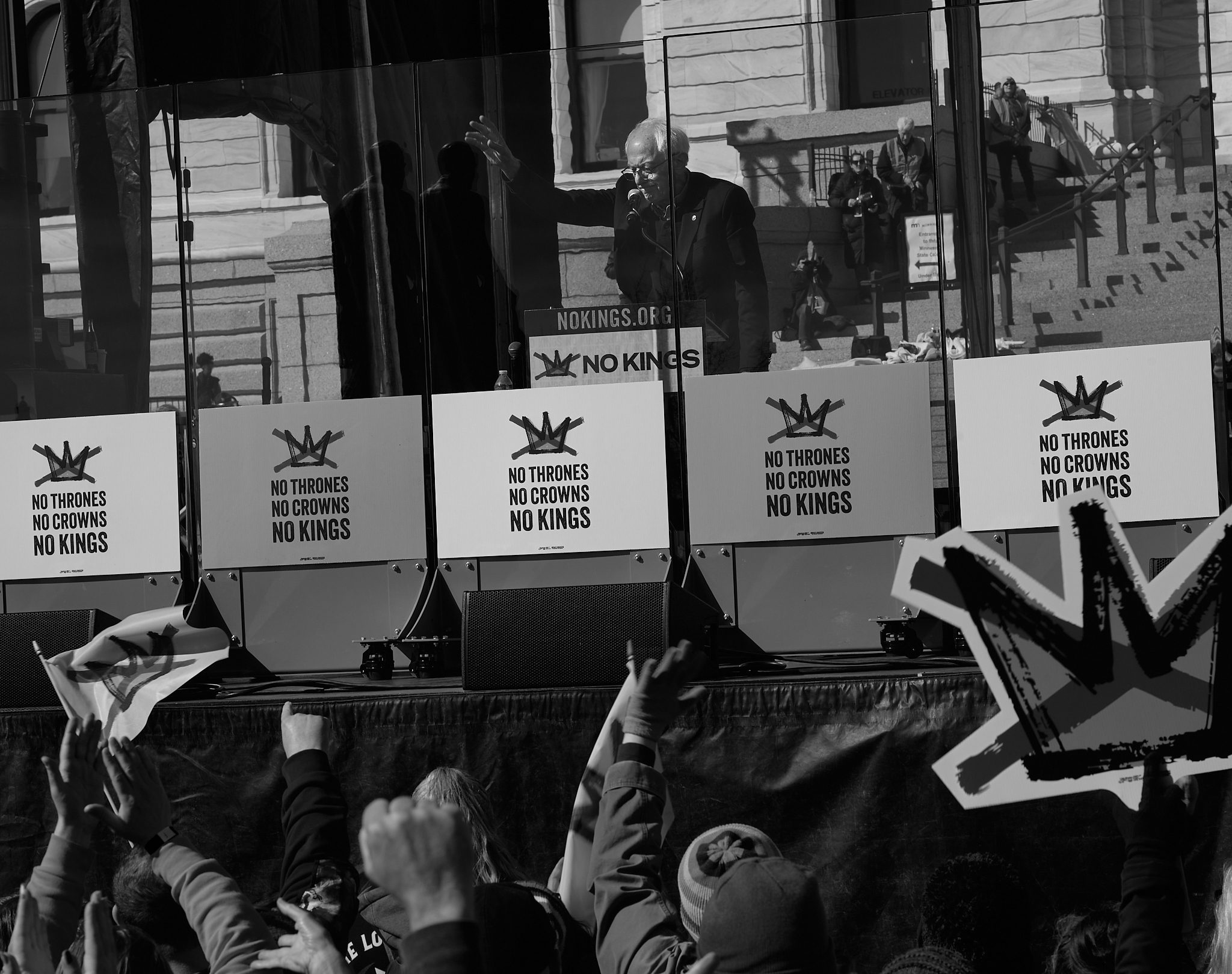 Senator Bernie Sanders speaks during the “No Kings” rally at the Minnesota State Capitol in Saint Paul, Minnesota on March 28, 2026, as more than 100,000 people filled the Capitol Mall and watched on large video monitors across the grounds. The turnout marked one of the largest demonstrations in Minnesota history, part of a nationwide day of protest focused on immigration, labor rights, and democratic protections.